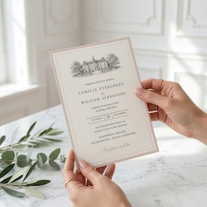 May include: A wedding invitation with a beige border and a detailed illustration of a building and trees at the top. The invitation includes the names Camille Evergreen and William Albertson, along with the date and location.
