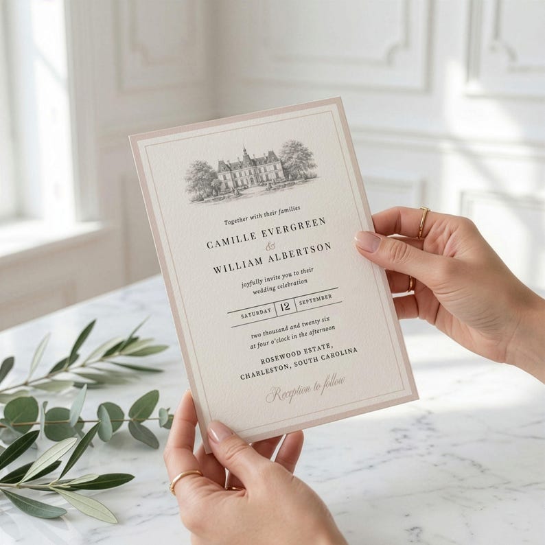 May include: A wedding invitation with a beige border and a detailed illustration of a building and trees at the top. The invitation includes the names Camille Evergreen and William Albertson, along with the date and location.