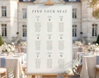Plantilla editable de Canva para plano de asientos de boda en azul empolvado, diseño francés formal con borde azul, Greenwich.