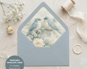 Plantilla vintage para forro de sobre con diseño floral de pájaros, inserto para boda DIY en rosa rubor (imprimible en tamaño A7)