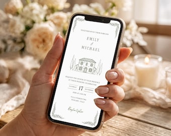 Tuscan Villa Mobile Wedding Invitation • Animated Digital Invite Canva Template • Italian Villa Illustration