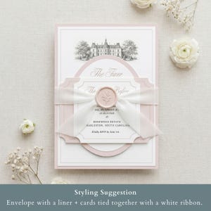 May include: An elegant invitation in pink and white, showcasing a detailed drawing of a grand building. The invitation is secured with a white ribbon and sealed with a pink wax seal. Text includes "The Finer Before" and RSVP details.