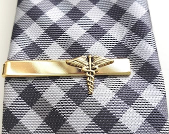Gold Caduceus Medical Symbol Tie Clip, Tie Bar, Doctor, Nurse, Modern Skinny Tie Width, Professional Men, Medical School Graduation