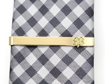 Gold Four Leaf Clover Tie Clip, Irish, 24k gold plated, Tie Bar, Luck, St. Patrick's Day Men, Groom, Best man, Wedding, Father's Day
