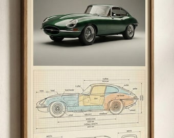 Impresión esquemática del Jaguar E-Type, color verde británico (descarga digital)