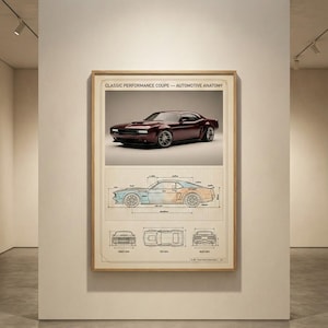Op de afbeelding: Ingelijste print met een bordeauxrode klassieke coupé en blauwdrukken van auto-anatomie. De print bevat een bovenaanzicht, een vooraanzicht en een achteraanzicht van de auto. De tekst bovenaan luidt "CLASSIC PERFORMANCE COUPE - AUTOMOTIVE ANATOMY."