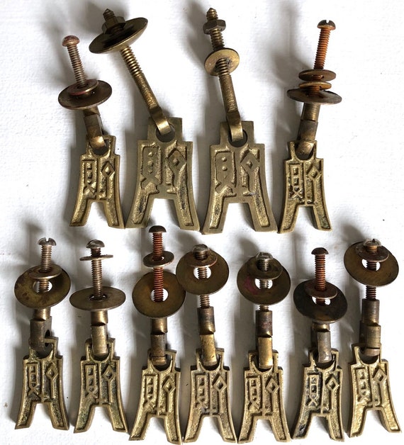 Asian Style Dresser Drawer Pulls Vtg Cabinet Brass Set Of 11 Etsy