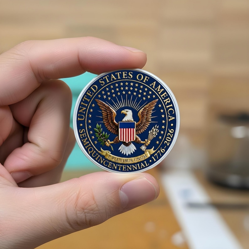 May include: A round, silver coin featuring the United States of America's emblem, an eagle with outstretched wings, holding an olive branch and arrows. The coin has a blue background with stars and the text "UNITED STATES OF AMERICA SEMIQUINCENTENNIAL 1776-2026".