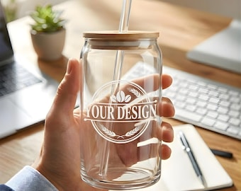 Bulk Custom Logo Glass Cups with Bamboo Lid & Straw, 16oz Corporate Gifts, Company Swag, Personalized Iced Coffee Can Glass Wholesale