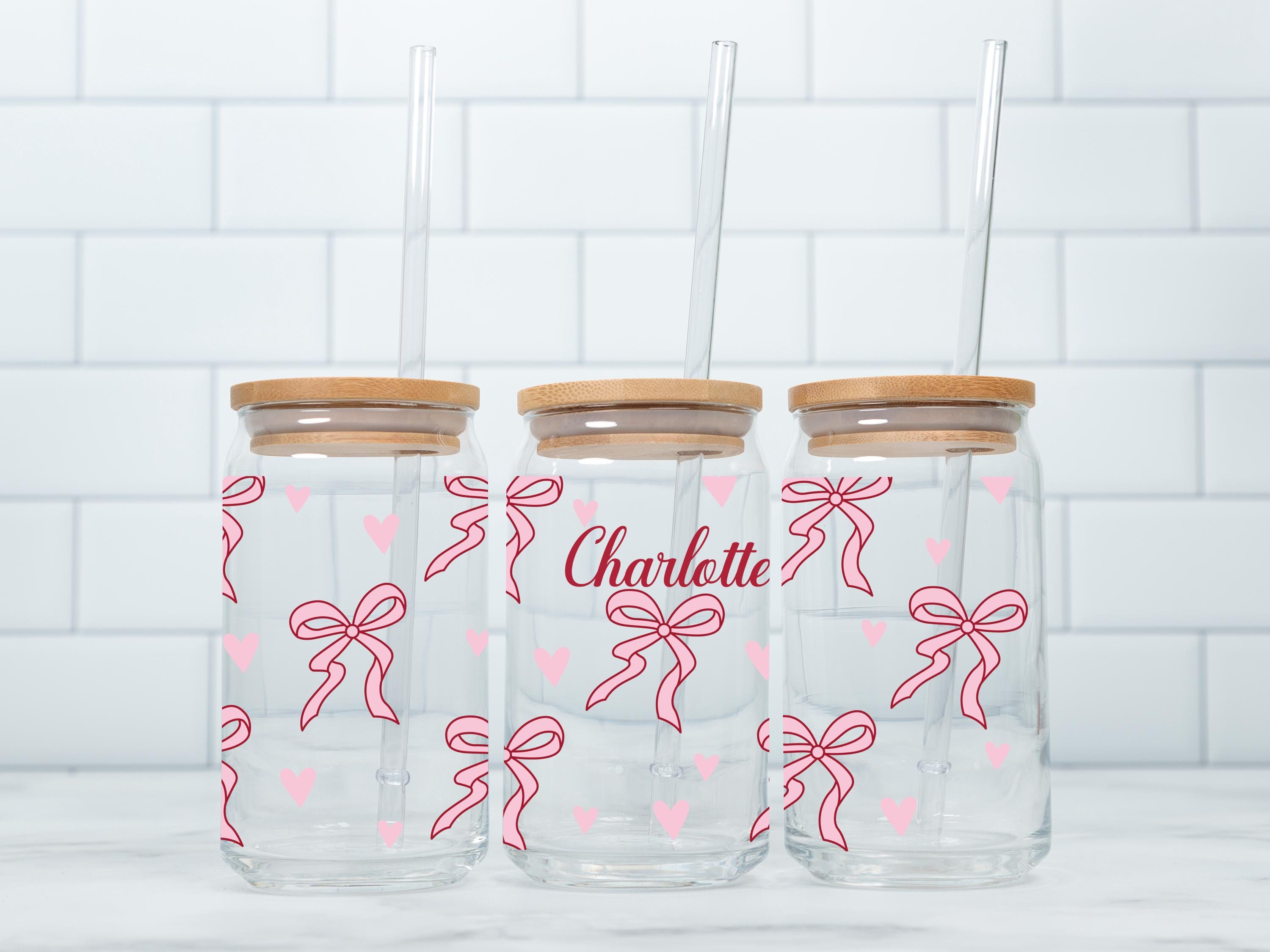 Personalized Coquette Bow Glass Can With Bamboo Lid & Straw, Custom ...