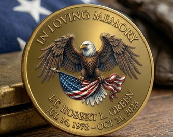 Personalized Memorial Challenge Coin, Custom Military Tribute Gift, In Loving Memory Veteran Honor Coin,Gold Eagle American Flag Remembrance