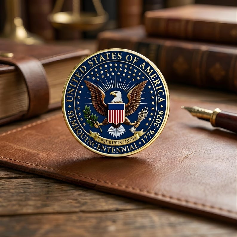 May include: A gold-colored commemorative coin featuring the United States of America's seal, with an eagle and the text "United States of America" and "Semiquincentennial 1776-2026". The coin is on a brown leather surface, with books and a pen in the background.