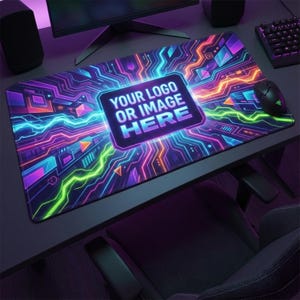 May include: A rectangular gaming mouse pad with a vibrant, neon-colored circuit board design. The pad features a central area with the text "YOUR LOGO OR IMAGE HERE" in a white font. The color scheme includes shades of purple, blue, green, and orange.