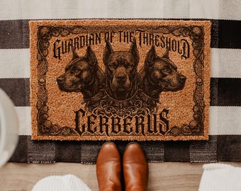 Cerberus Doormat Guardian of the Threshold, Greek Mythology Decor, Gothic Welcome Mat, Hades Hellhound Three Headed Dog, Witchy Gift Rug