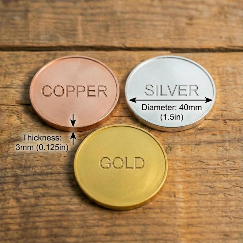 May include: Three metal coins: copper, silver, and gold. The silver coin has a diameter of 1.5 inches. The thickness of the copper coin is 0.125 inches. Each coin has its respective metal name embossed on its surface.