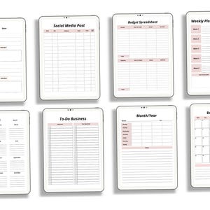 May include: A collection of digital planner templates displayed on tablets. The templates include a return tracker, social media post, budget spreadsheet, weekly plan, monthly goals, to-do business, month/year, and a December 2025 calendar. The templates have a white and pink color scheme.
