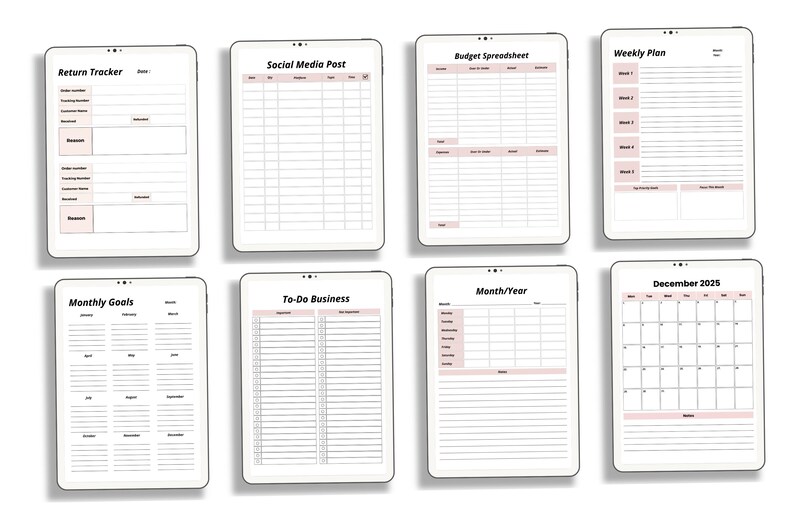 May include: A collection of digital planner templates displayed on tablets. The templates include a return tracker, social media post, budget spreadsheet, weekly plan, monthly goals, to-do business, month/year, and a December 2025 calendar. The templates have a white and pink color scheme.