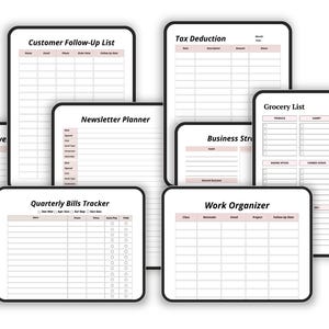 May include: A collection of digital printable planner templates with black borders and pink headings. The templates include a customer follow-up list, tax deduction, newsletter planner, grocery list, and work organizer.