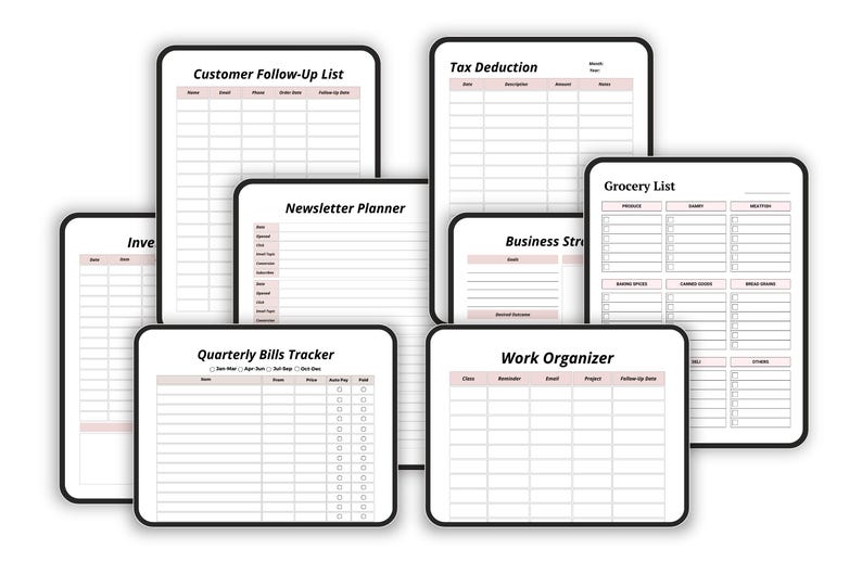 May include: A collection of digital printable planner templates with black borders and pink headings. The templates include a customer follow-up list, tax deduction, newsletter planner, grocery list, and work organizer.