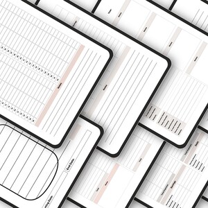 May include: A collection of white and black printable planner pages. The pages include a 52-week savings challenge, a saving jar graphic, and other financial planning templates. The pages have a minimalist design with black borders and light pink accents.