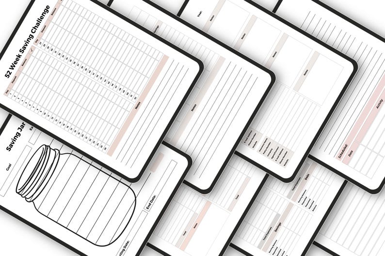 May include: A collection of white and black printable planner pages. The pages include a 52-week savings challenge, a saving jar graphic, and other financial planning templates. The pages have a minimalist design with black borders and light pink accents.