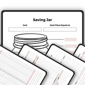 May include: A digital financial planning template with the words "Saving Jar" at the top. The template includes sections for goals and a 52-week savings challenge. Several tablets are visible, each displaying a different page of the template.