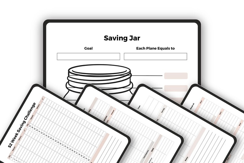 May include: A digital financial planning template with the words "Saving Jar" at the top. The template includes sections for goals and a 52-week savings challenge. Several tablets are visible, each displaying a different page of the template.