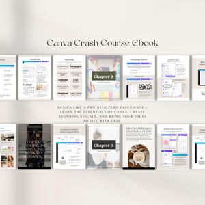 Może przedstawiać: Cyfrowy ebook Canva Crash Course z różnymi układami stron. Okładka zawiera tytuł, a strony wewnętrzne pokazują wskazówki i samouczki dotyczące projektowania. Tekst brzmi: "Projektuj jak profesjonalista bez doświadczenia."