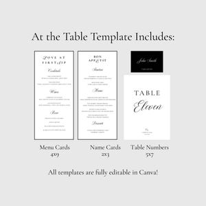 Pode incluir: Um conjunto de modelos de papelaria de casamento elegantes, incluindo cartões de menu, cartões de nome e números de mesa. Os cartões de menu medem 10x23 cm, os cartões de nome 5x8 cm e os números de mesa 13x18 cm. Todos os modelos são totalmente editáveis no Canva!