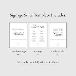 Pode incluir: Um conjunto de modelos de sinalização para casamentos, incluindo um sinal de livro de visitas, um sinal de bar e um sinal de presentes e cartões. Cada sinal tem 12,7 x 17,8 cm e apresenta uma elegante escrita preta sobre um fundo branco.