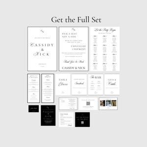 Pode incluir: Um conjunto de papelaria de casamento em preto e branco. Inclui placas de boas-vindas, mapas de assentos, menus, livro de visitas, bar, presentes e cartões e outros detalhes. O texto inclui os nomes "Cassidy & Nick".