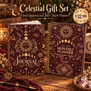 May include: A dark maroon journal and a 2027-2028 monthly planner set featuring gold celestial illustrations of the sun, moon, stars, and planets. The journal cover displays the word JOURNAL, while the spiral-bound planner cover displays 2027-2028 MONTHLY PLANNER.