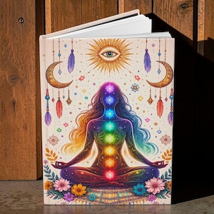 May include: A journal with a colorful illustration of a meditating figure with chakra symbols. The cover features a sun, moon, feathers, and floral elements in a vibrant, spiritual design. The journal is open, revealing blank pages.