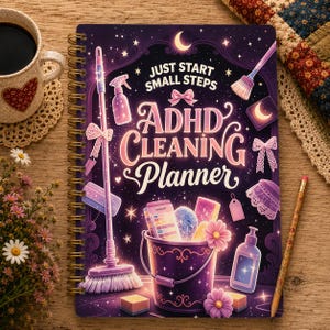 May include: A spiral-bound ADHD Cleaning Planner with a dark purple cover featuring illustrations of a broom, a bucket, cleaning supplies, and bows. The text reads Just Start Small Steps ADHD Cleaning Planner in white and pink lettering.