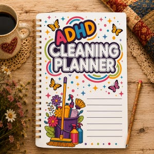 Op de afbeelding: Een spiraalgebonden ADHD-schoonmaakplanner met een witte kaft voorzien van kleurrijke tekst, vlinders en sterren. De afbeelding bevat een paarse emmer gevuld met schoonmaakmiddelen, een bezem en bloemen, naast lijnen voor het maken van notities.