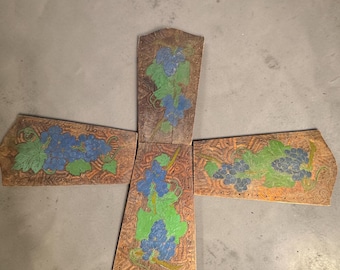 Antique Flemish Art Basswood Fan Blades: Hand-Painted Grapes (Set of 4)