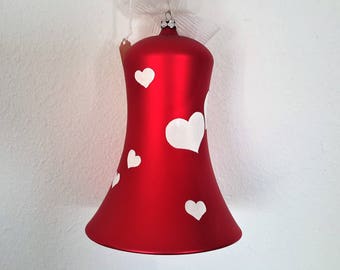 Large Valentines Blown Glass Ornament Bell / Blown Glass Hand Decorated Hearts / Romantic Valentines Gifts / Vintagesouthwest