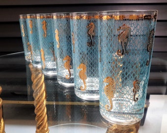 Culver Ltd Seafare Barware Glasses 22K Gold Set of 6 Hiballs Seahorse Mid Century Gift 1960's