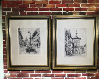 Paul Geissler Signed Etching Pair ~ Vintage 19" x 23" Gold Speckled Framed Matted Artwork ~ 1920s Bern Clock Tower & Fountain Statue Lithos