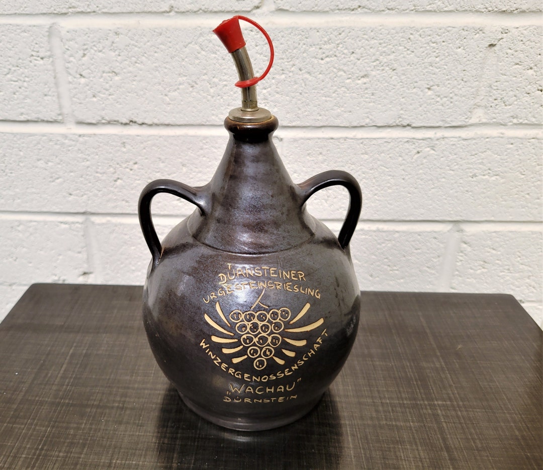 German Wine Decanter With Pour Spout / Dual Handle Stoneware Wine Jug