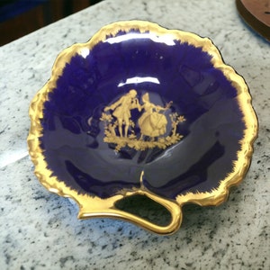 Limoges France Bowl Blue Porcelain w Gold Trim ~ Romantic Courting Couple ~ Vintage Leaf Shaped Trinket Dish ~ VintageSouthwest