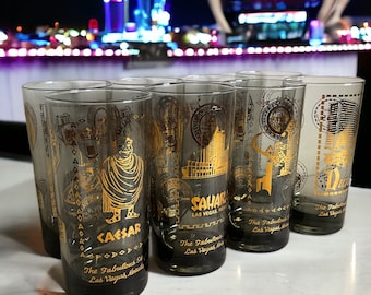MCM Las Vegas Barware Set of 8 Souvenir Highball Glasses ~ 22k Gold Cocktail Glasses ~ 5 3/4" Vegas Strip Smoke Drinkware ~ VintageSouthwest