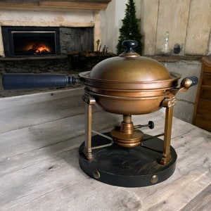 Sternau & Co Copper Chafing Dish ~ Antique Chafing Dish Set w Wooden Base ~ Made in New York ~ Brass Burner ~ VintageSouthwest