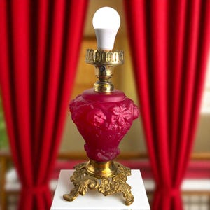 Fenton Cranberry Glass Font ~ Puffy Rose Lamp Base ~ Vintage 12 1/2&quot; Collectible Fenton Art Glass Lamp  ~ Made in USA ~ Bedside Table Lamp
