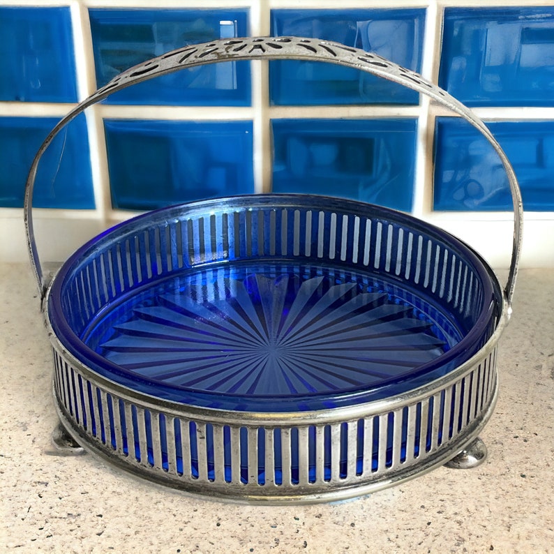 Cobalt Blue Depression Glass Dish w Silver Plate Carrier Basket Vintage Blue Glass Starburst Candy Condiment Dish VintageSouthwest image 3