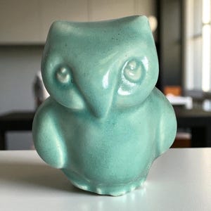 May include: A turquoise ceramic owl figurine. The owl has large, round eyes and a pointed beak. The figurine is smooth and glossy, with a slightly textured surface. The owl is a decorative item.