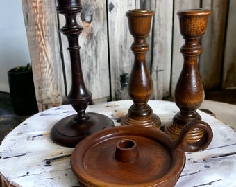 Wooden Candlesticks & Chamber Stick Set of 4 ~ Vintage Turned Wood Candle Holders ~ Farmhouse Rustic Wooden Home Decor ~ VintageSouthwest