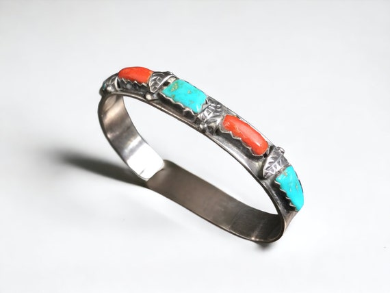 Wayne Cheama Zuni Turquoise & Coral Cuff Bracelet… - image 1