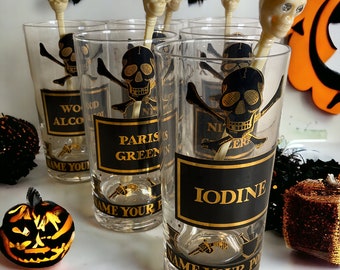 Georges Briard Barware Name Your Poison Highball Glasses Set of 6 & Skull Swizzle Sticks ~ 1960s Whimsical Bar ~ Halloween Goth Man Cave Bar