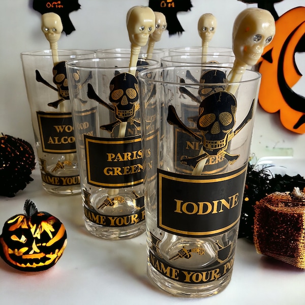 Georges Briard Barware Name Your Poison Highball Glasses Set of 6 & Skull Swizzle Sticks ~ 1960s Whimsical Bar ~ Halloween Goth Man Cave Bar